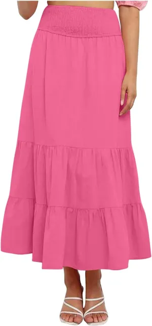 Women Summer Maxi Skirt Elastic High Waist Pleated Boho Ruffle Tiered Skirts 2025 Trendy Casual Flowy A-Line Skirt