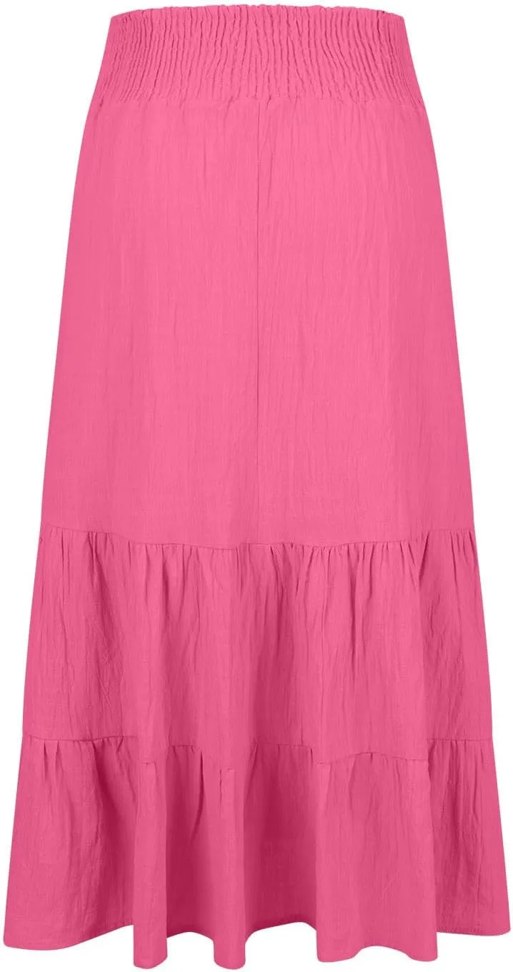 Women Summer Maxi Skirt Elastic High Waist Pleated Boho Ruffle Tiered Skirts 2025 Trendy Casual Flowy A-Line Skirt