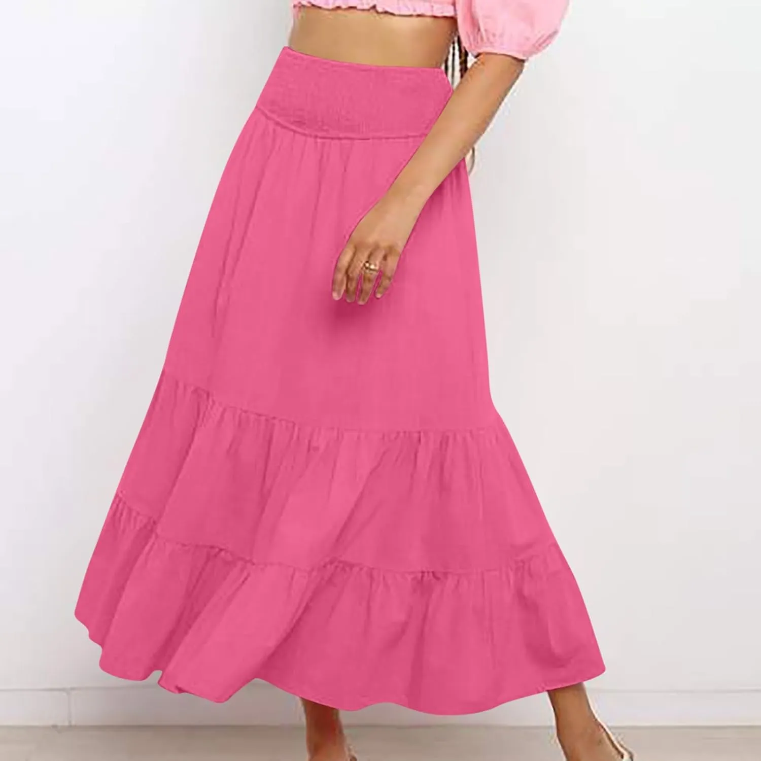 Women Summer Maxi Skirt Elastic High Waist Pleated Boho Ruffle Tiered Skirts 2025 Trendy Casual Flowy A-Line Skirt