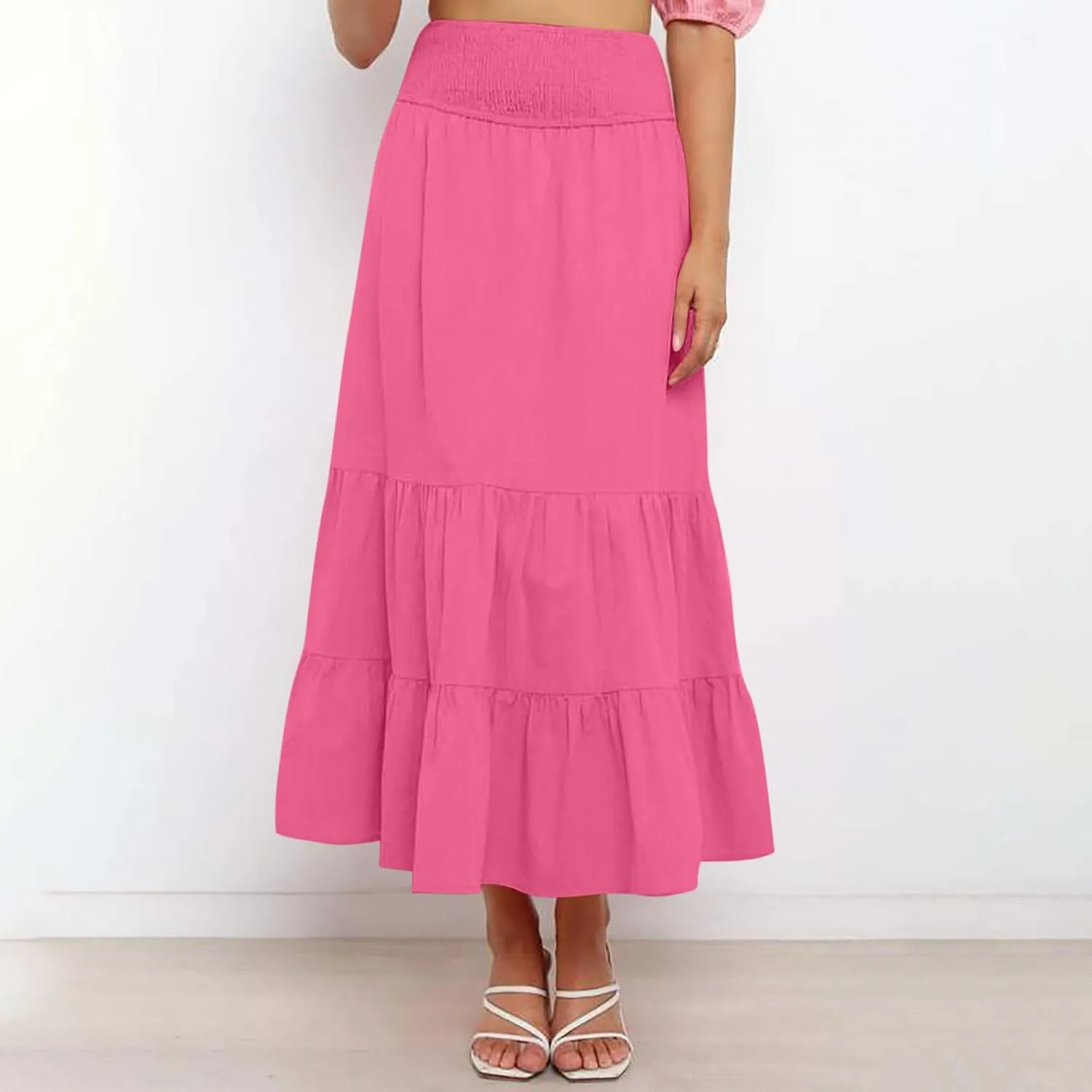 Women Summer Maxi Skirt Elastic High Waist Pleated Boho Ruffle Tiered Skirts 2025 Trendy Casual Flowy A-Line Skirt