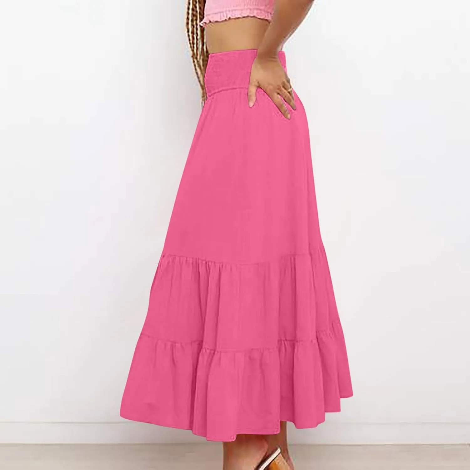 Women Summer Maxi Skirt Elastic High Waist Pleated Boho Ruffle Tiered Skirts 2025 Trendy Casual Flowy A-Line Skirt