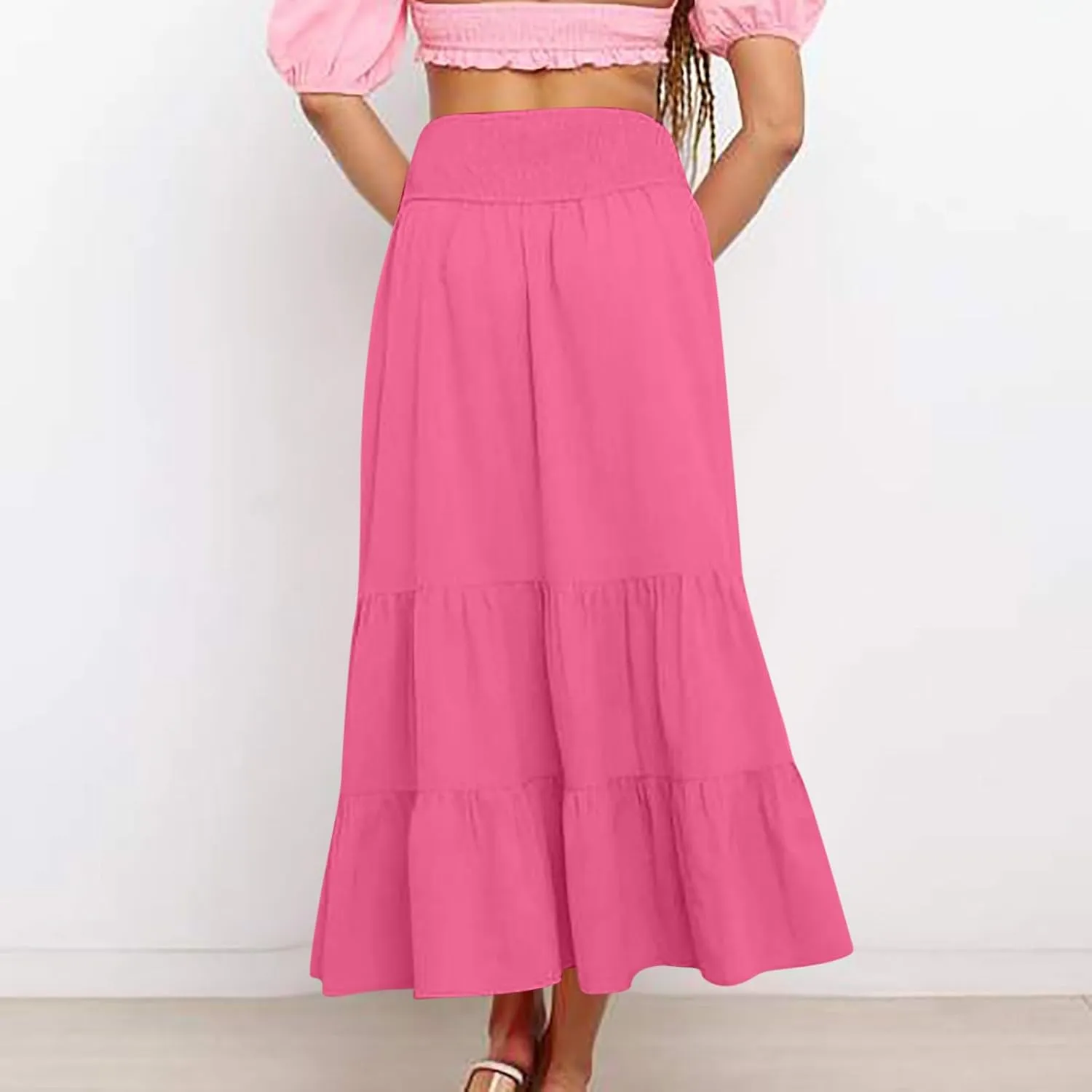 Women Summer Maxi Skirt Elastic High Waist Pleated Boho Ruffle Tiered Skirts 2025 Trendy Casual Flowy A-Line Skirt