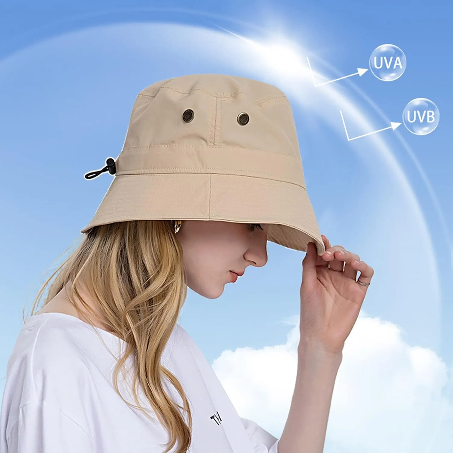 Women Sun Hat Wide Brim Sunscreen Bucket Hat Adjustable Sunshade Beach Hat Summer Fisherman Hats with Strings