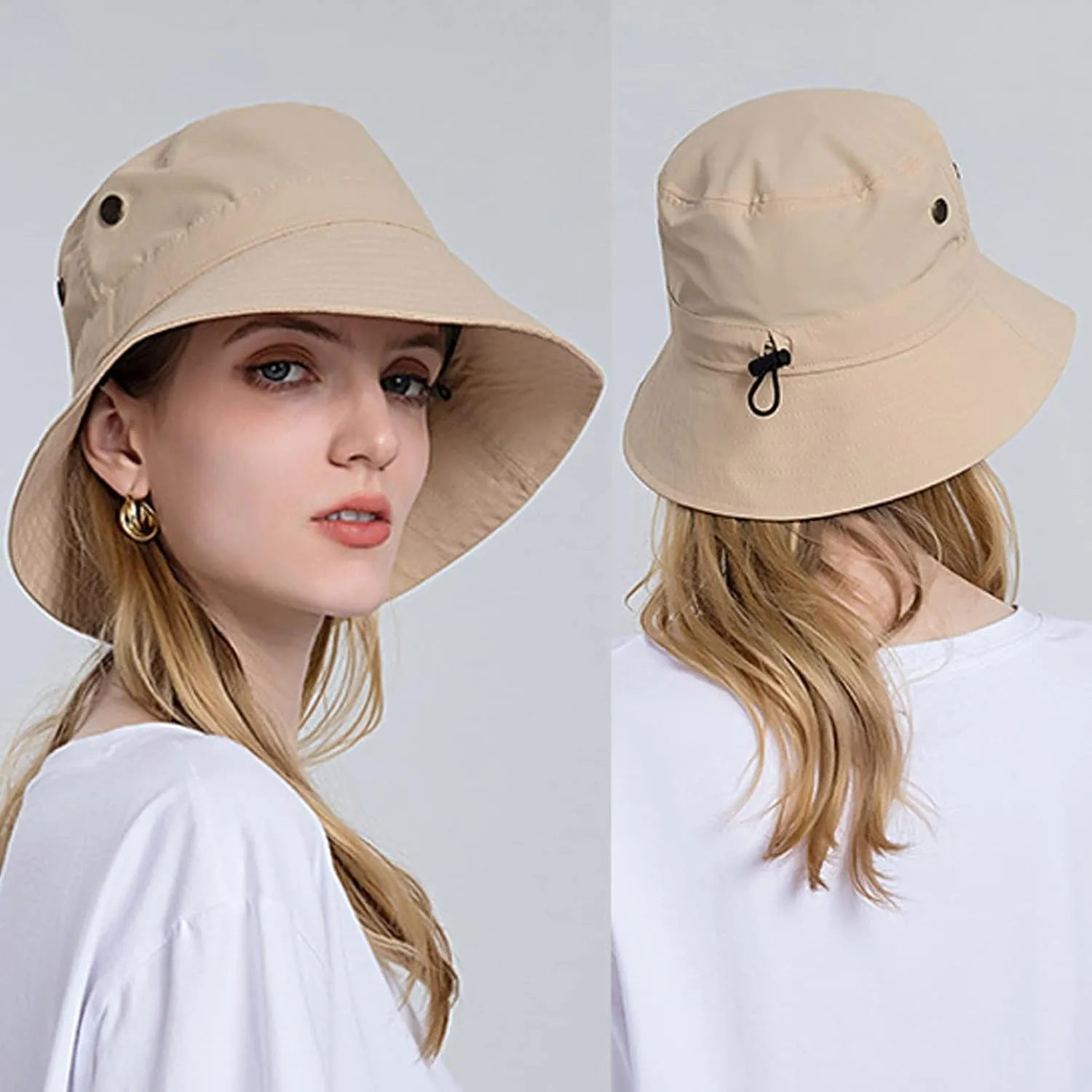 Women Sun Hat Wide Brim Sunscreen Bucket Hat Adjustable Sunshade Beach Hat Summer Fisherman Hats with Strings