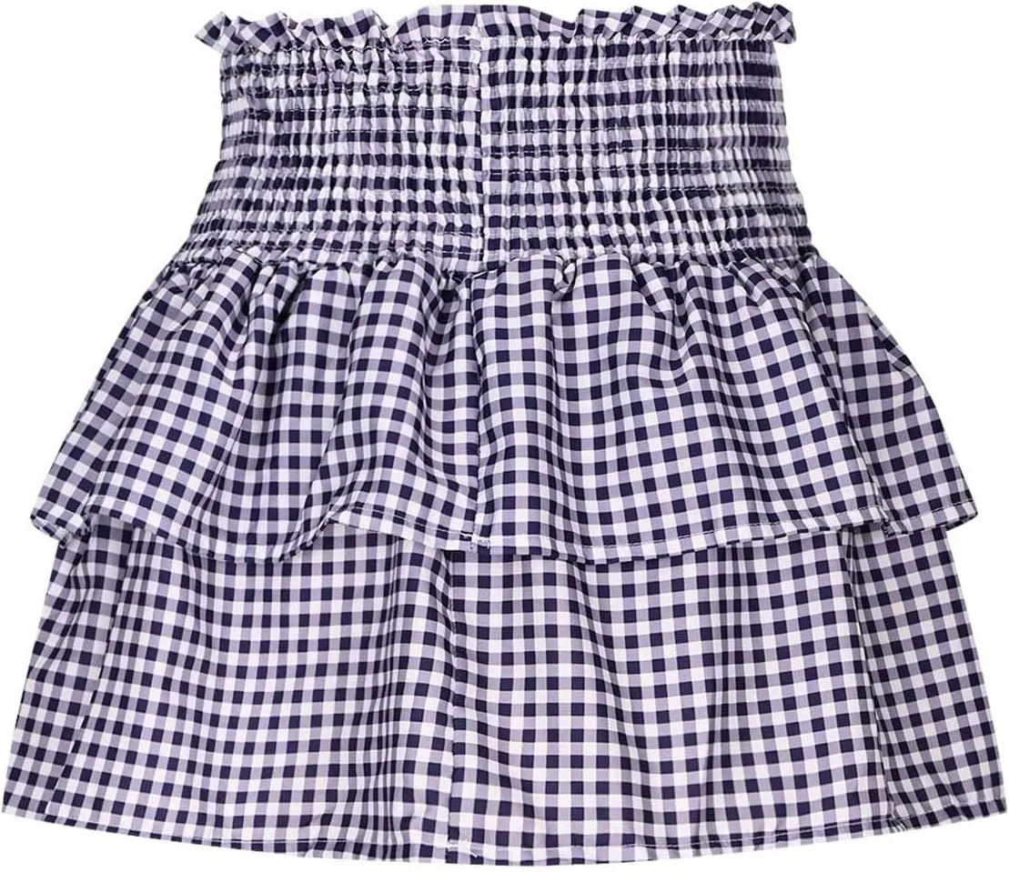 Women Y2k Plaid Ruffle Mini Skirt Smocked Waist Pleated Tiered Short Skirt Spring Summer A-line Skirt Streetwear