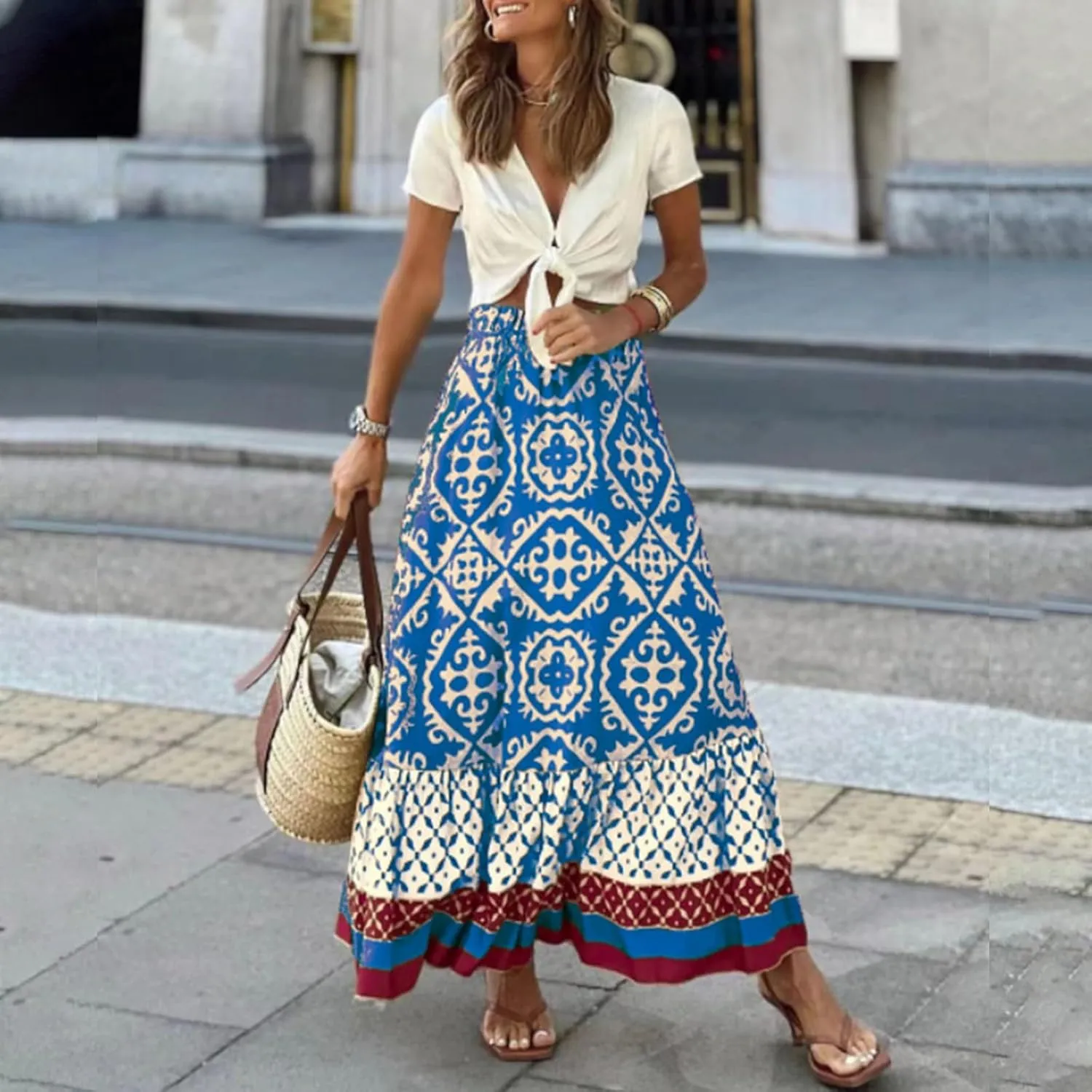 Women's 2025 Bohemian Long Skirts Elastic High Waist A Line Maxi Skirts Summer Casual Printed Pleated Flowy Skirts