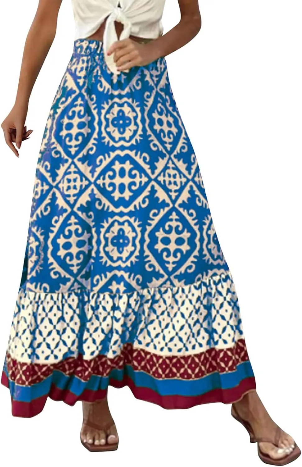 Women's 2025 Bohemian Long Skirts Elastic High Waist A Line Maxi Skirts Summer Casual Printed Pleated Flowy Skirts