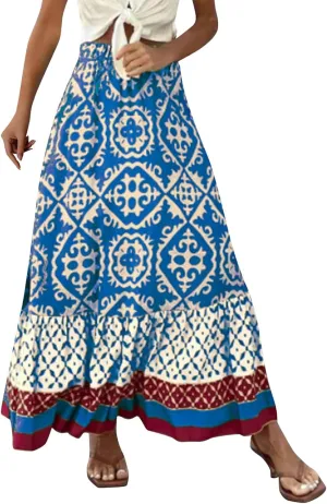 Women's 2025 Bohemian Long Skirts Elastic High Waist A Line Maxi Skirts Summer Casual Printed Pleated Flowy Skirts