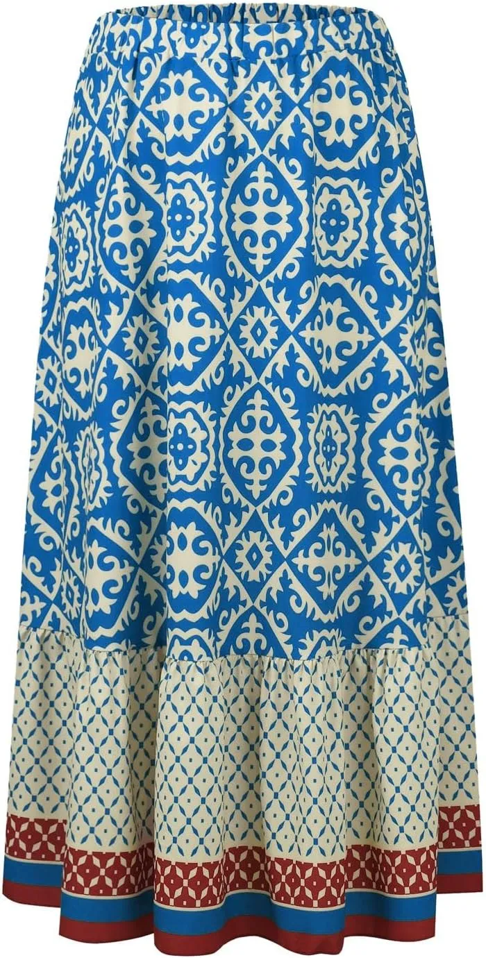 Women's 2025 Bohemian Long Skirts Elastic High Waist A Line Maxi Skirts Summer Casual Printed Pleated Flowy Skirts
