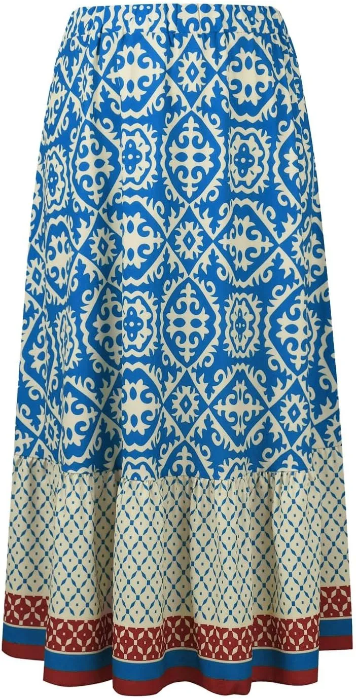 Women's 2025 Bohemian Long Skirts Elastic High Waist A Line Maxi Skirts Summer Casual Printed Pleated Flowy Skirts