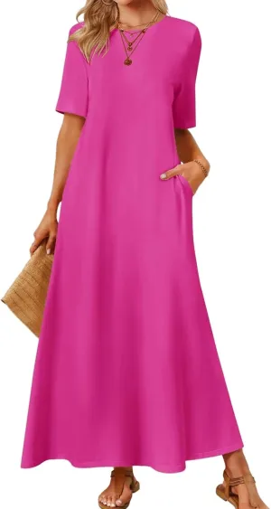 Women's 2025 Summer Casual Maxi Dress Casual Loose Beach Tshirt Dresses Short Sleeve Long Dresses Flowy Swing Dress