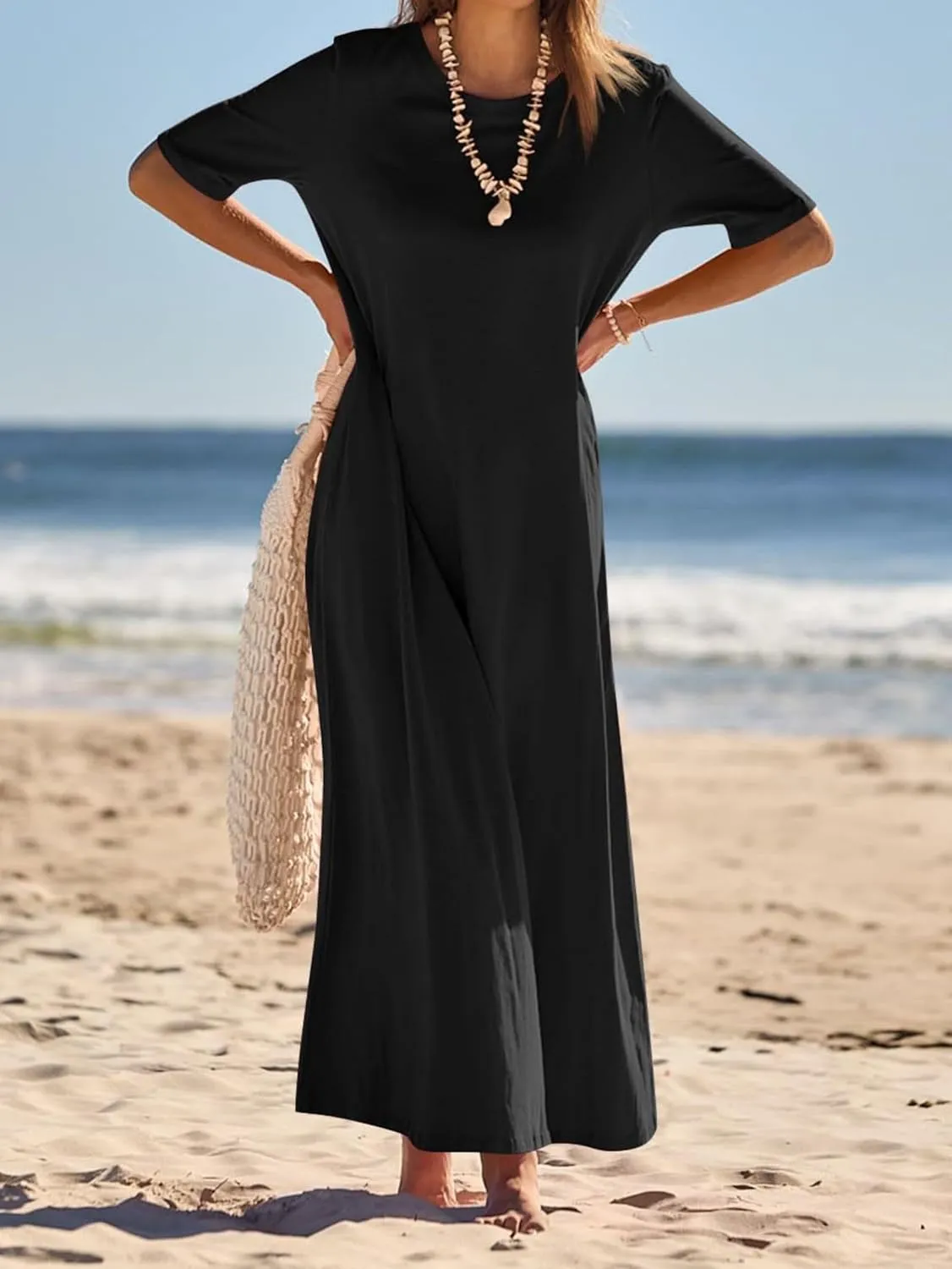 Women's 2025 Summer Casual Maxi Dress Casual Loose Beach Tshirt Dresses Short Sleeve Long Dresses Flowy Swing Dress