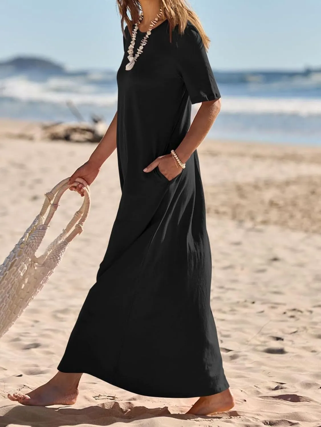 Women's 2025 Summer Casual Maxi Dress Casual Loose Beach Tshirt Dresses Short Sleeve Long Dresses Flowy Swing Dress