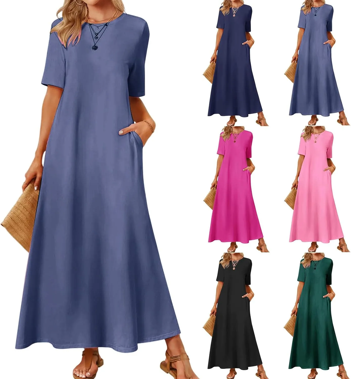Women's 2025 Summer Casual Maxi Dress Casual Loose Beach Tshirt Dresses Short Sleeve Long Dresses Flowy Swing Dress