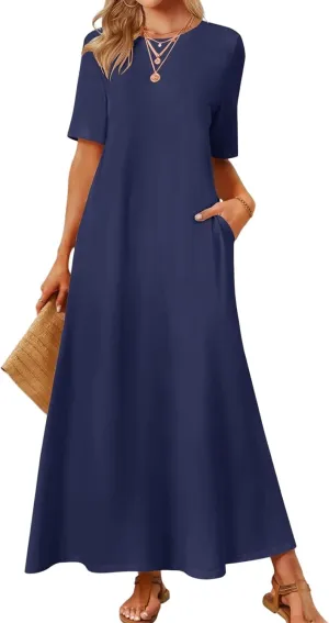 Women's 2025 Summer Casual Maxi Dress Casual Loose Beach Tshirt Dresses Short Sleeve Long Dresses Flowy Swing Dress