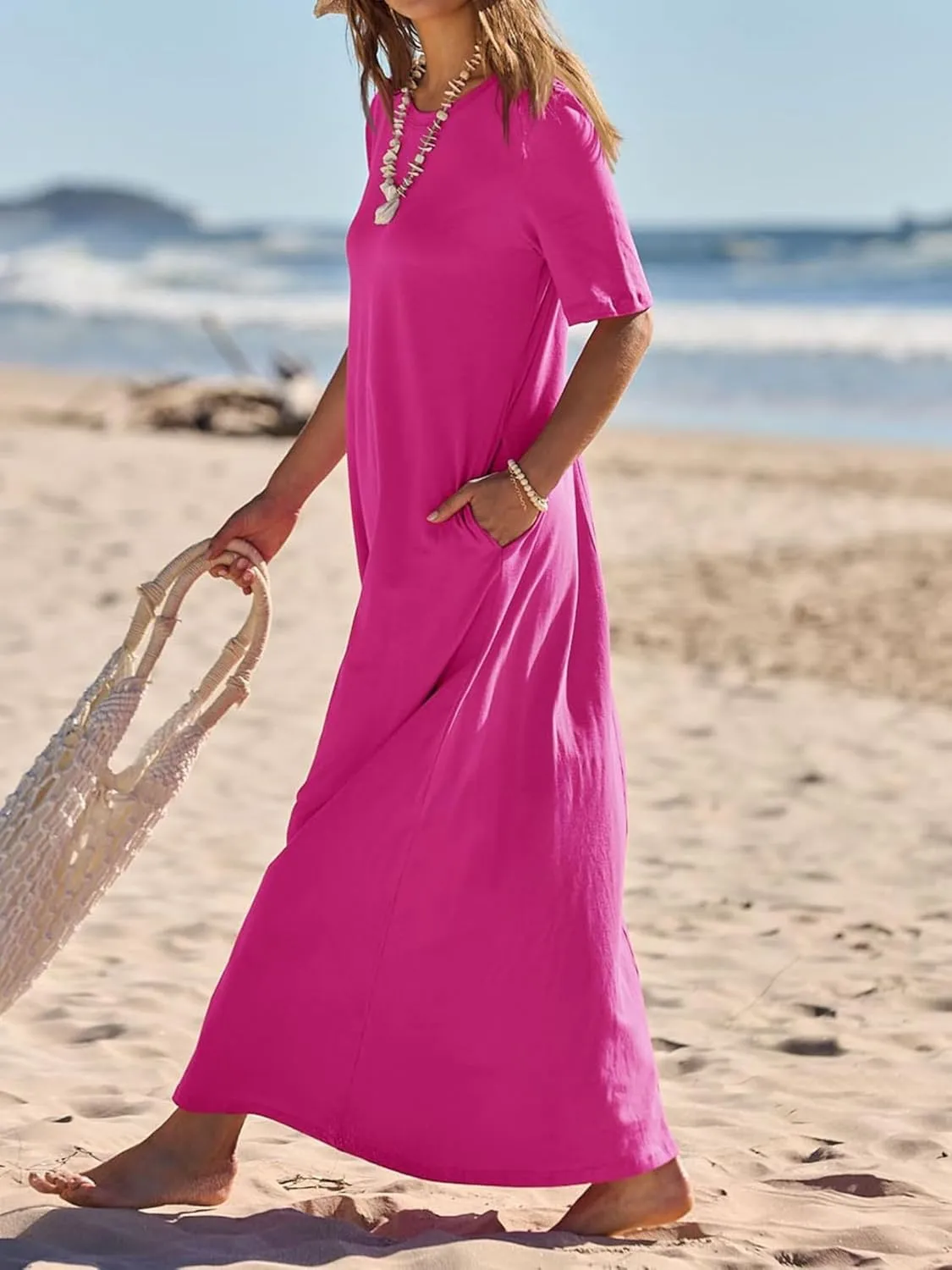Women's 2025 Summer Casual Maxi Dress Casual Loose Beach Tshirt Dresses Short Sleeve Long Dresses Flowy Swing Dress