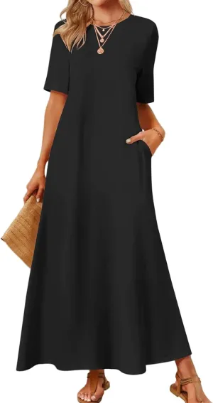 Women's 2025 Summer Casual Maxi Dress Casual Loose Beach Tshirt Dresses Short Sleeve Long Dresses Flowy Swing Dress