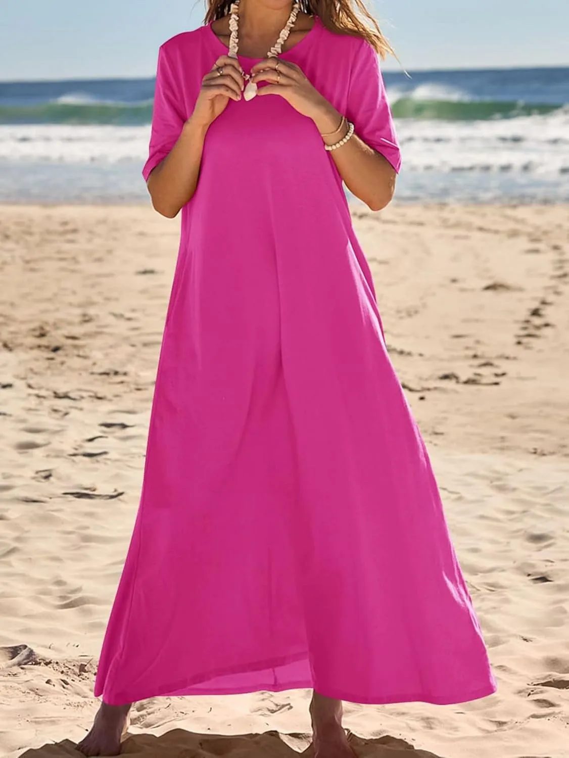 Women's 2025 Summer Casual Maxi Dress Casual Loose Beach Tshirt Dresses Short Sleeve Long Dresses Flowy Swing Dress