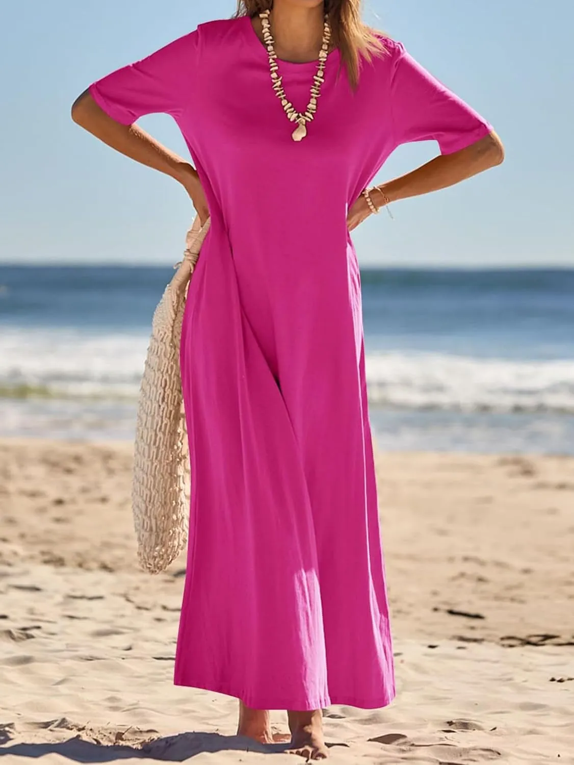 Women's 2025 Summer Casual Maxi Dress Casual Loose Beach Tshirt Dresses Short Sleeve Long Dresses Flowy Swing Dress