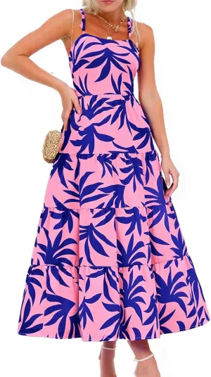 Women's 2025 Summer Floral Boho Maxi Dress Square Neck Strapped Tiered Casual Flowy Long Beach Vacation Dresses