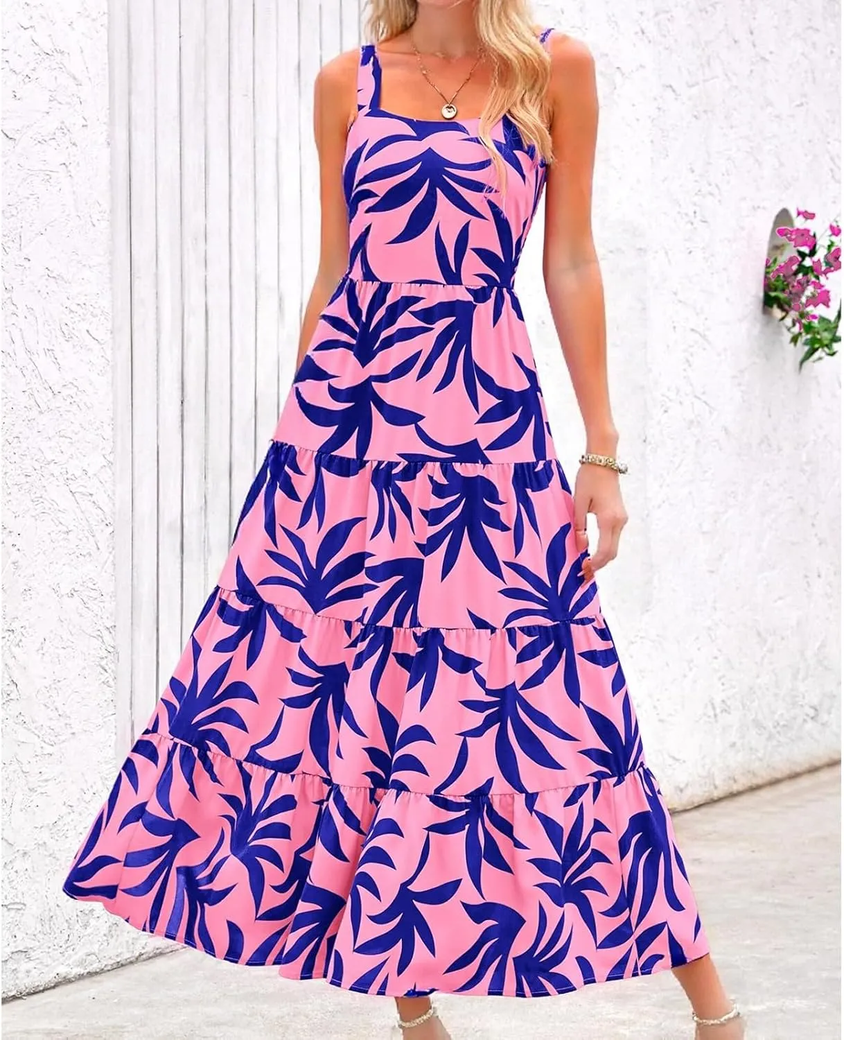 Women's 2025 Summer Floral Boho Maxi Dress Square Neck Strapped Tiered Casual Flowy Long Beach Vacation Dresses