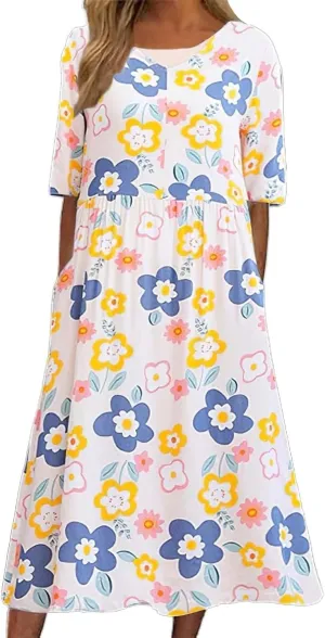 Women's 2025 Summer Flowy Maxi Dress Casual Short Sleeve Crew Neck Sundress Boho Beach Casual Dresses with Pockets