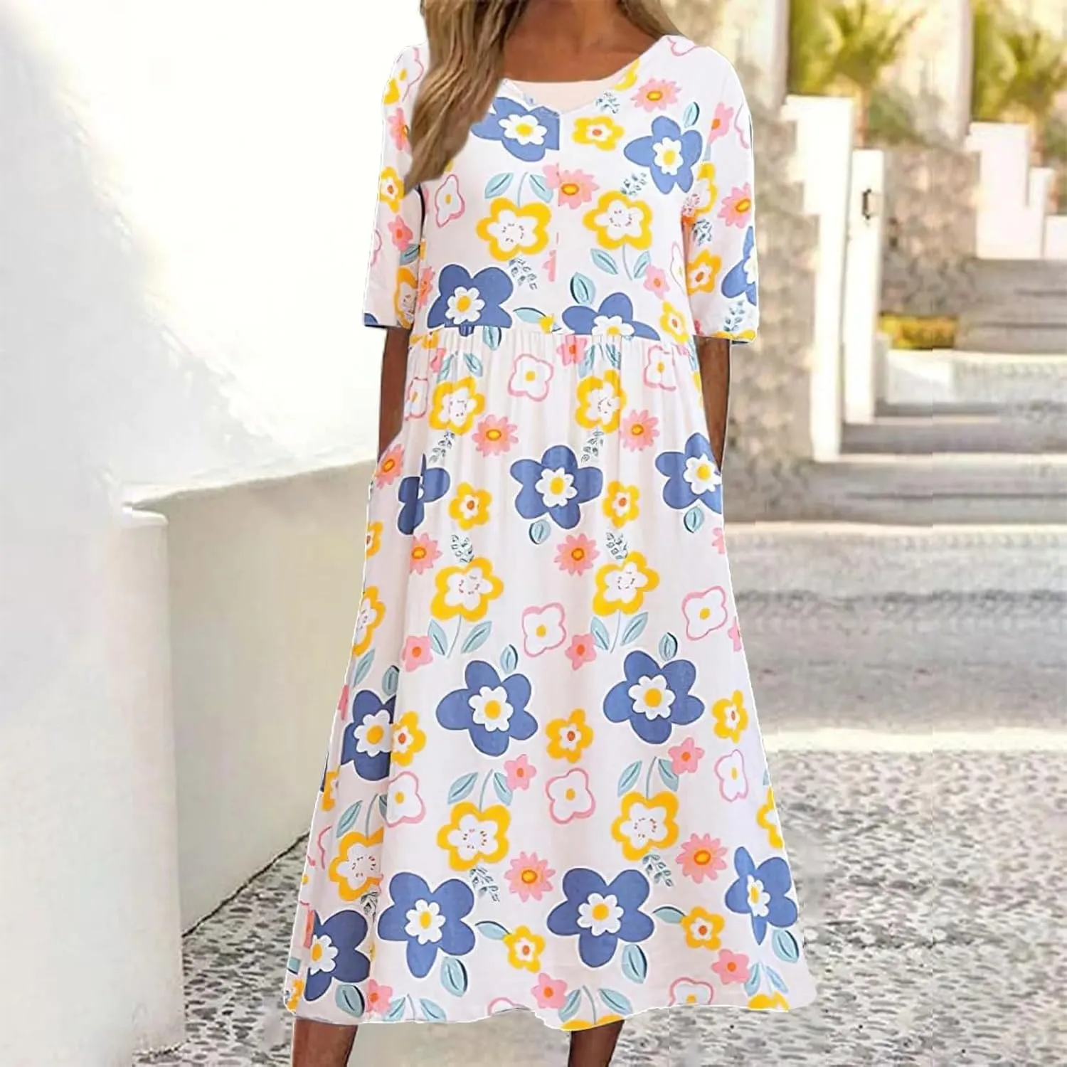 Women's 2025 Summer Flowy Maxi Dress Casual Short Sleeve Crew Neck Sundress Boho Beach Casual Dresses with Pockets