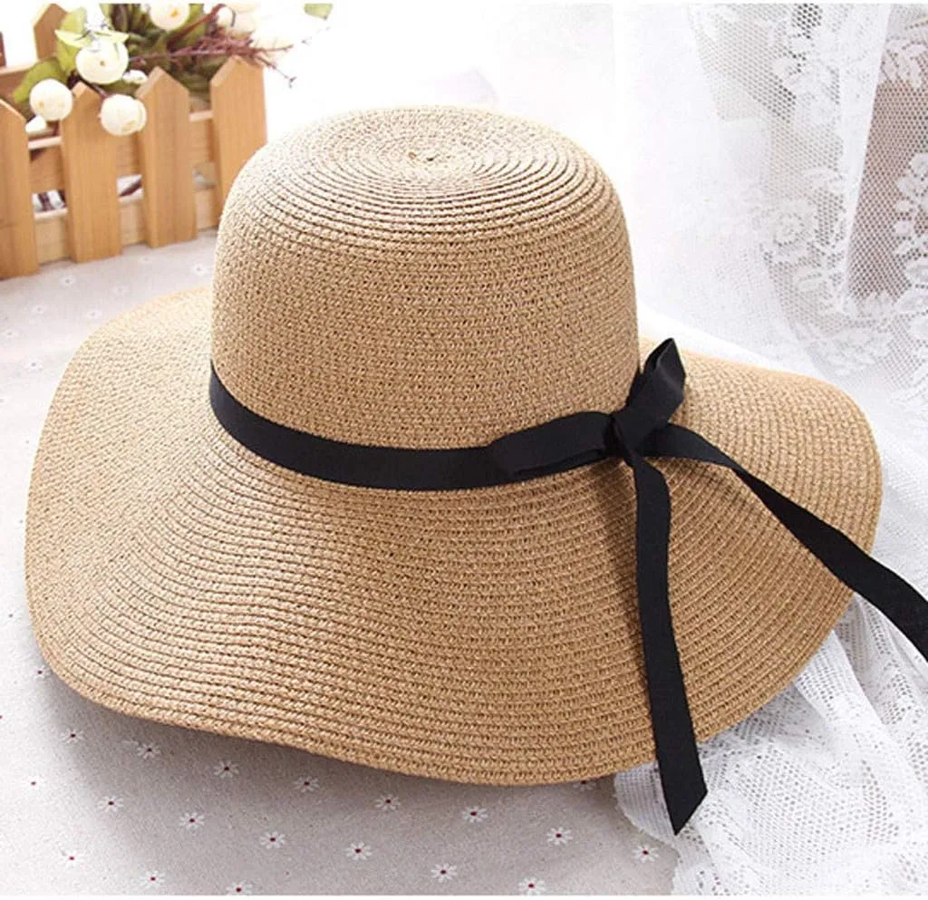 Womens Beach Sun Straw Hat 2025 Summer UV Hat Wide Brim Lightweight Travel Hats Cocktail Tea Party Hat