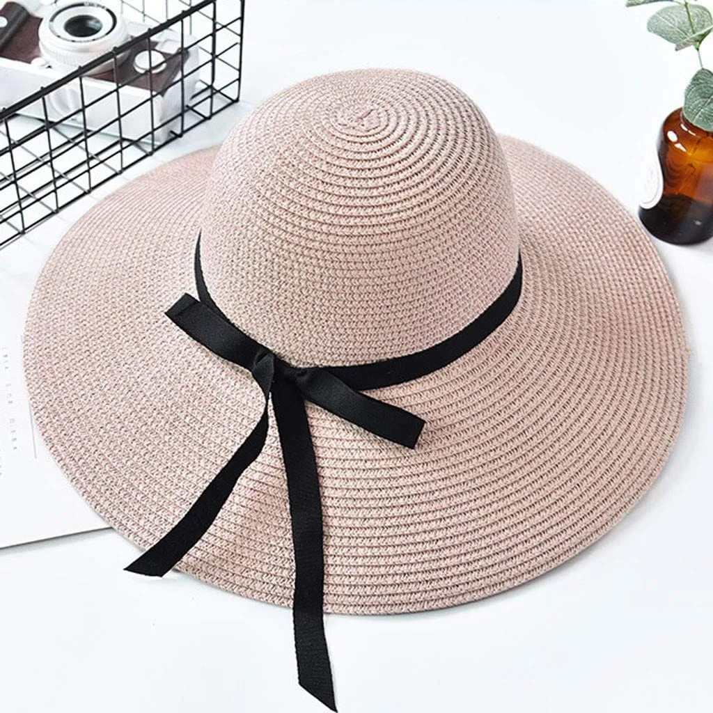 Womens Beach Sun Straw Hat 2025 Summer UV Hat Wide Brim Lightweight Travel Hats Cocktail Tea Party Hat