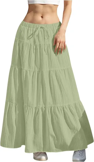 Women's Beach Vacation Skirts Summer Flowy Ruffle Boho Pleated Drawstring Maxi Skirt Casual Fashion Flowy Skirts