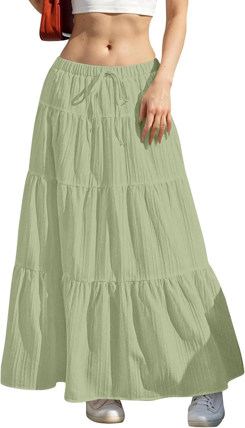 Women's Beach Vacation Skirts Summer Flowy Ruffle Boho Pleated Drawstring Maxi Skirt Casual Fashion Flowy Skirts