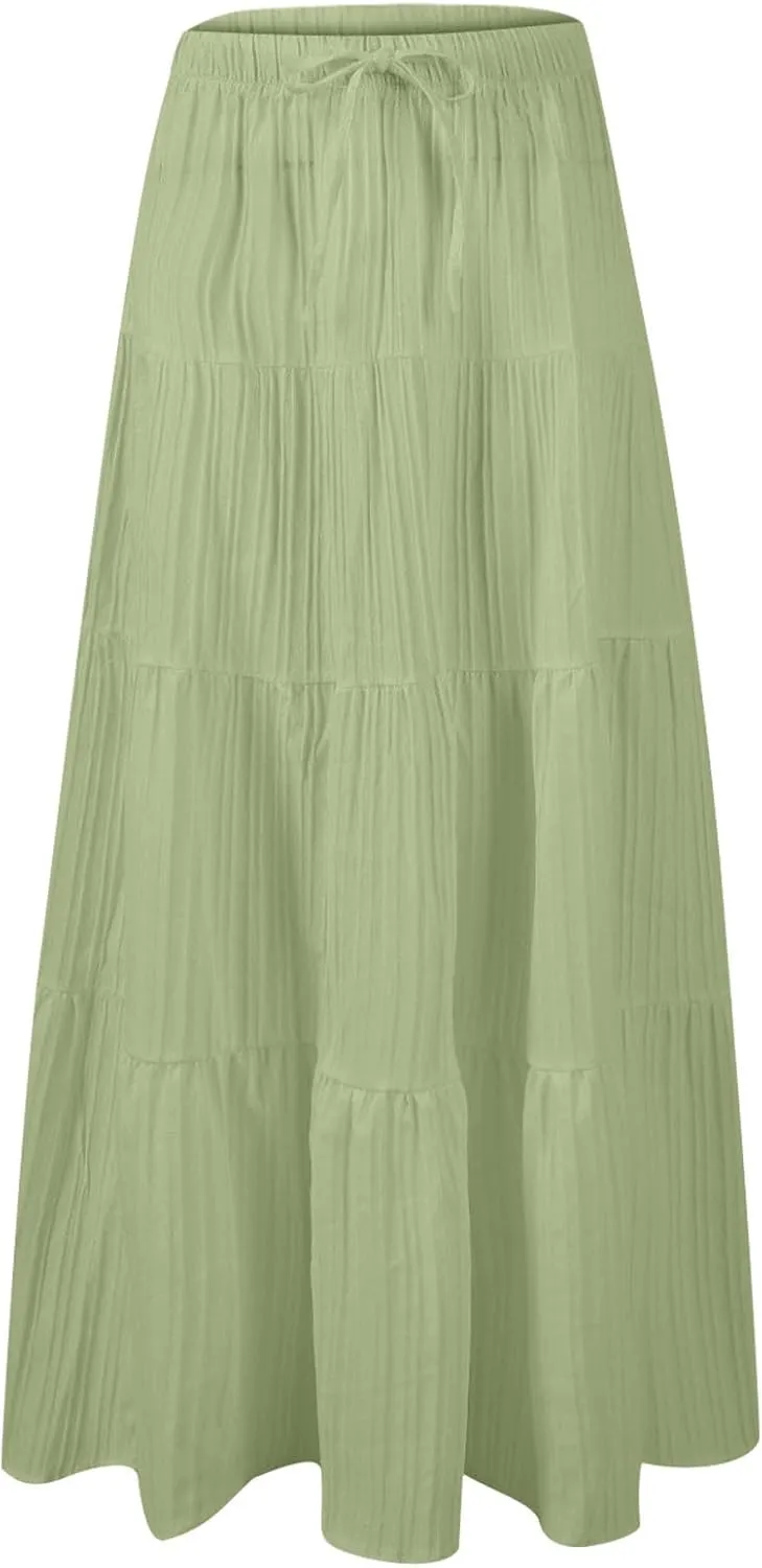 Women's Beach Vacation Skirts Summer Flowy Ruffle Boho Pleated Drawstring Maxi Skirt Casual Fashion Flowy Skirts