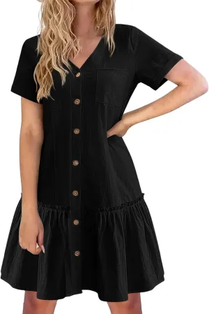 Womens Button Down Dress Short Sleeve Casual T Shirt Dreses Cotton Linen Ruffle Hem Casual Sundress