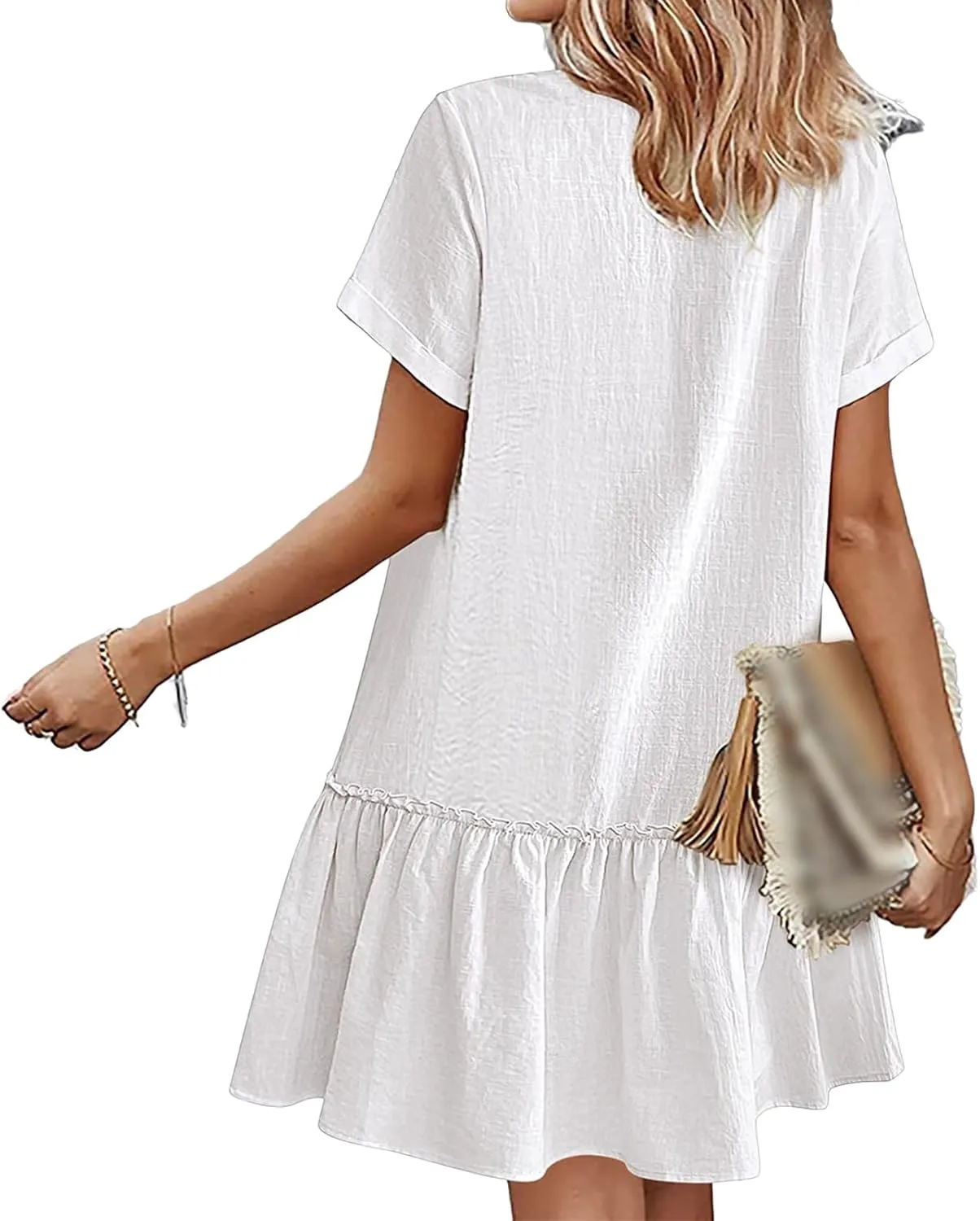 Womens Button Down Dress Short Sleeve Casual T Shirt Dreses Cotton Linen Ruffle Hem Casual Sundress