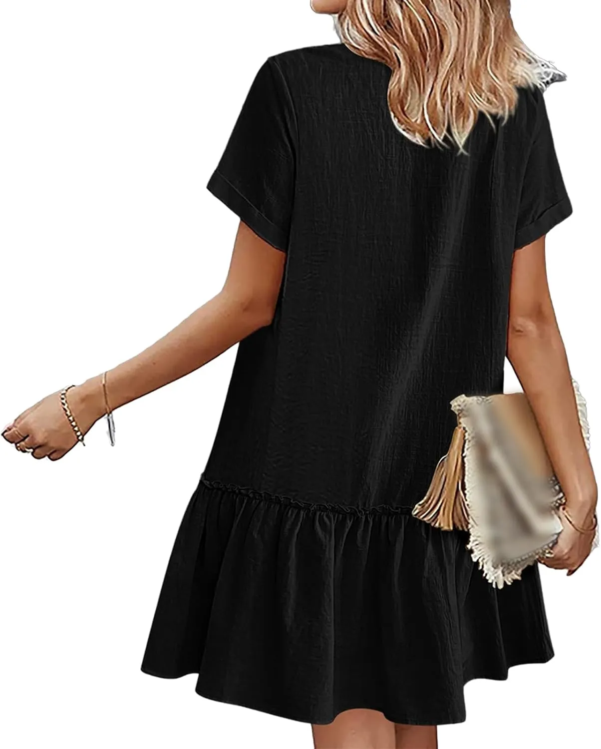 Womens Button Down Dress Short Sleeve Casual T Shirt Dreses Cotton Linen Ruffle Hem Casual Sundress