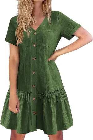 Womens Button Down Dress Short Sleeve Casual T Shirt Dreses Cotton Linen Ruffle Hem Casual Sundress