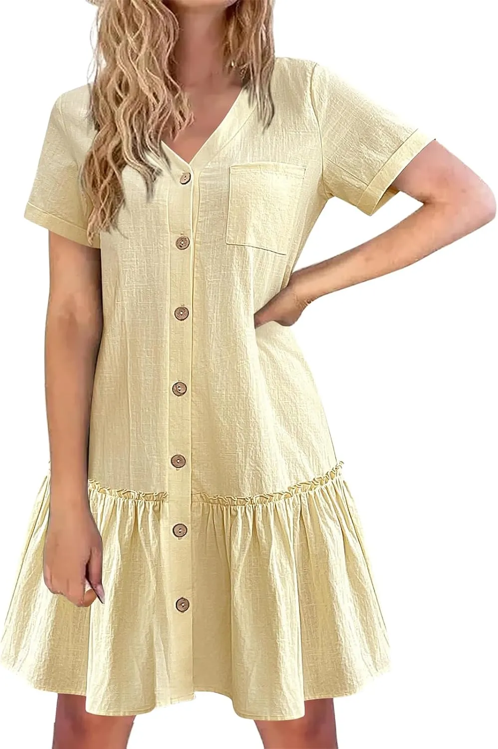Womens Button Down Dress Short Sleeve Casual T Shirt Dreses Cotton Linen Ruffle Hem Casual Sundress