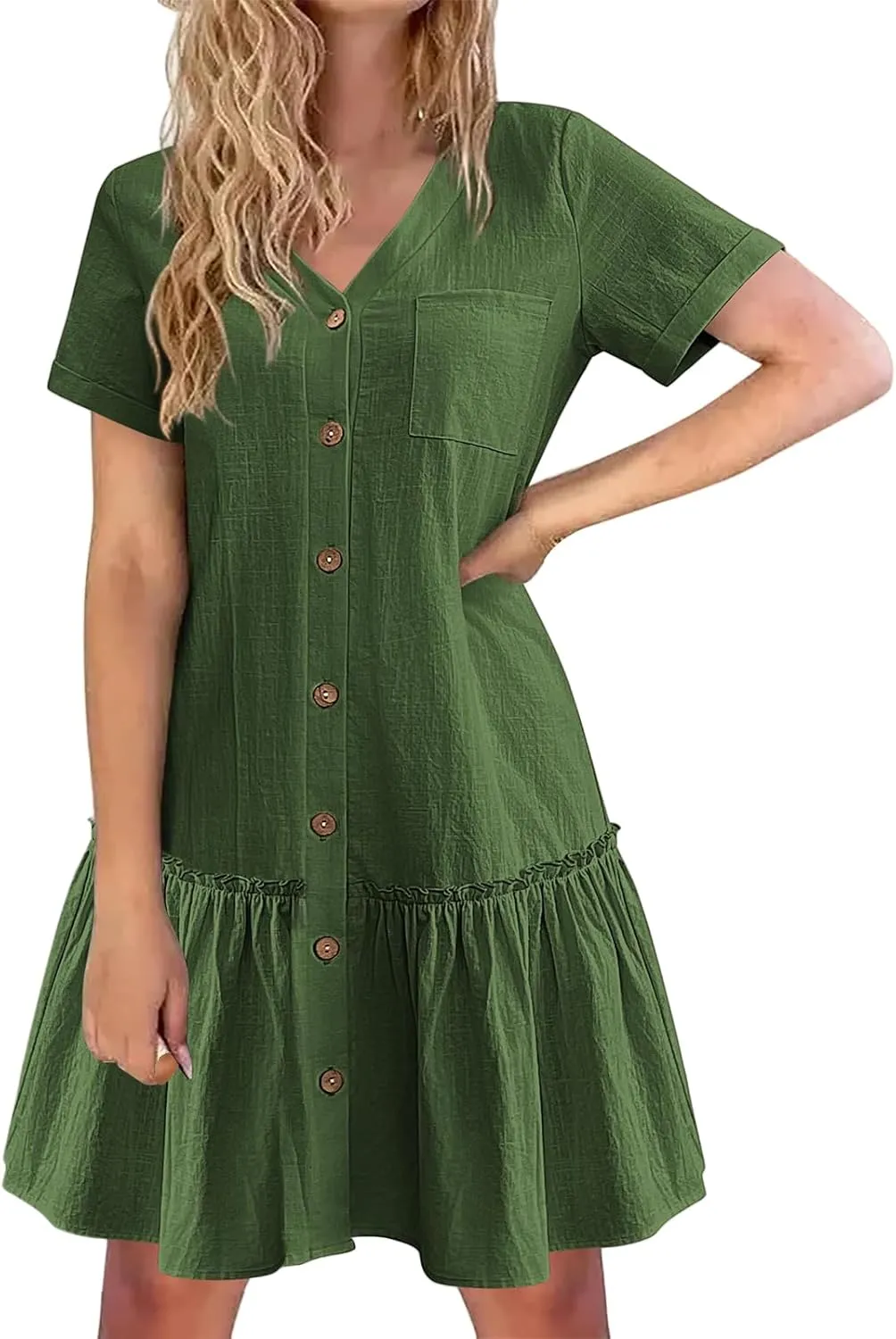 Womens Button Down Dress Short Sleeve Casual T Shirt Dreses Cotton Linen Ruffle Hem Casual Sundress