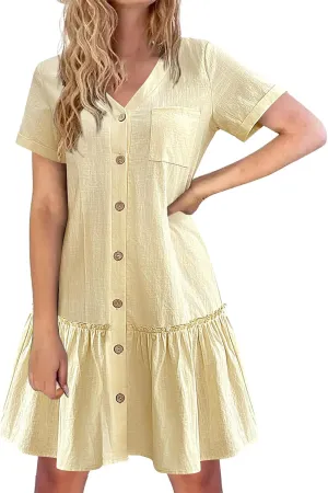 Womens Button Down Dress Short Sleeve Casual T Shirt Dreses Cotton Linen Ruffle Hem Casual Sundress