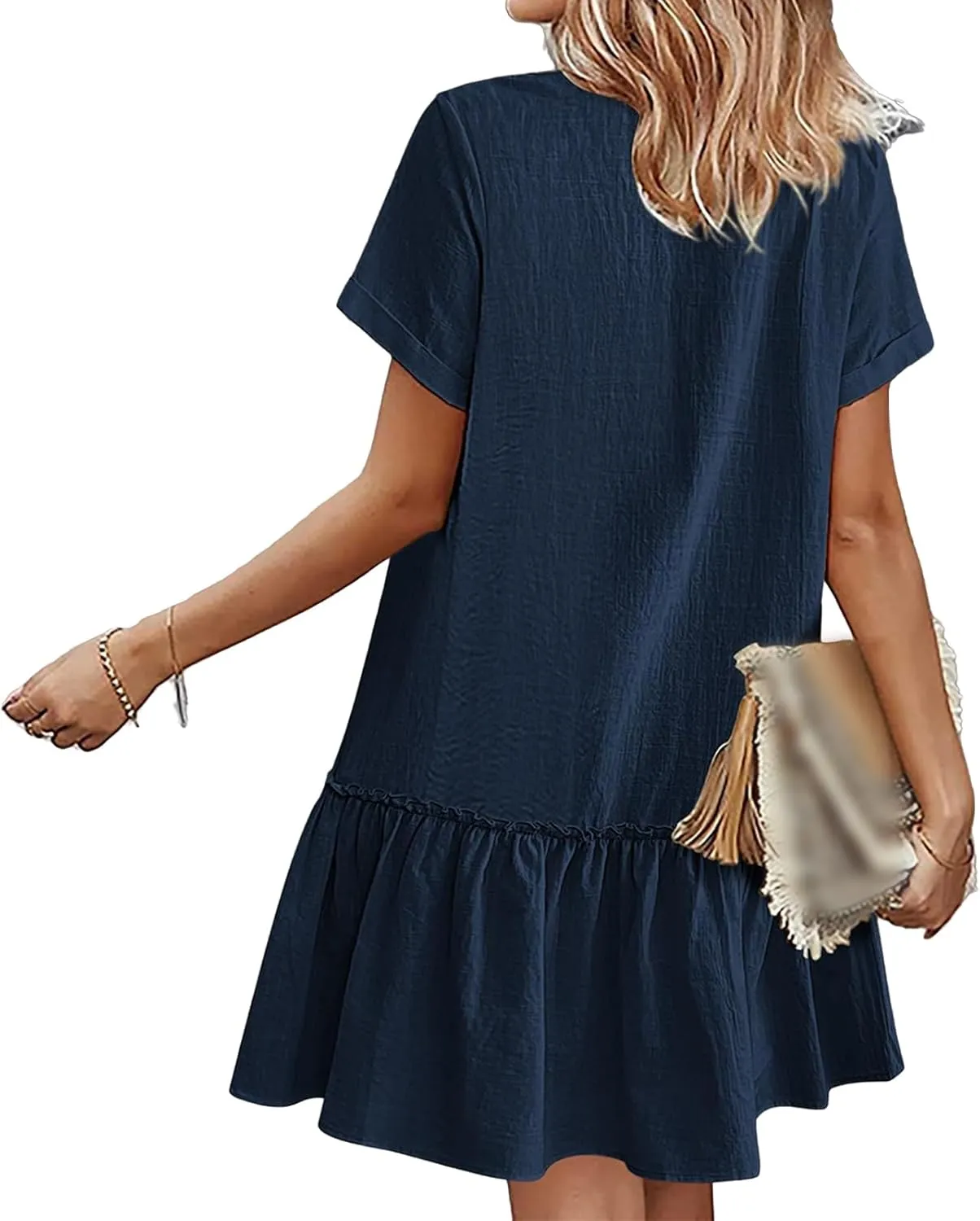 Womens Button Down Dress Short Sleeve Casual T Shirt Dreses Cotton Linen Ruffle Hem Casual Sundress