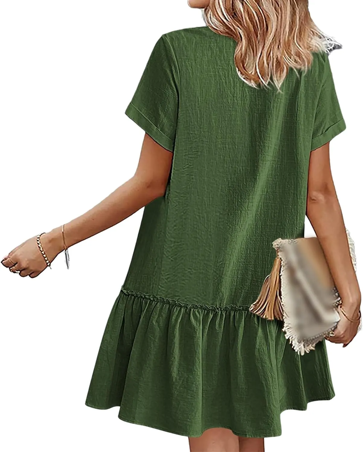 Womens Button Down Dress Short Sleeve Casual T Shirt Dreses Cotton Linen Ruffle Hem Casual Sundress