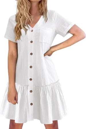 Womens Button Down Dress Short Sleeve Casual T Shirt Dreses Cotton Linen Ruffle Hem Casual Sundress