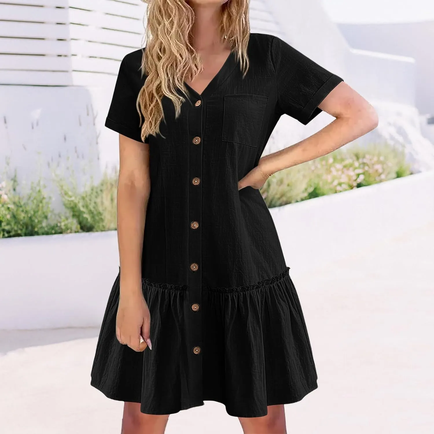 Womens Button Down Dress Short Sleeve Casual T Shirt Dreses Cotton Linen Ruffle Hem Casual Sundress