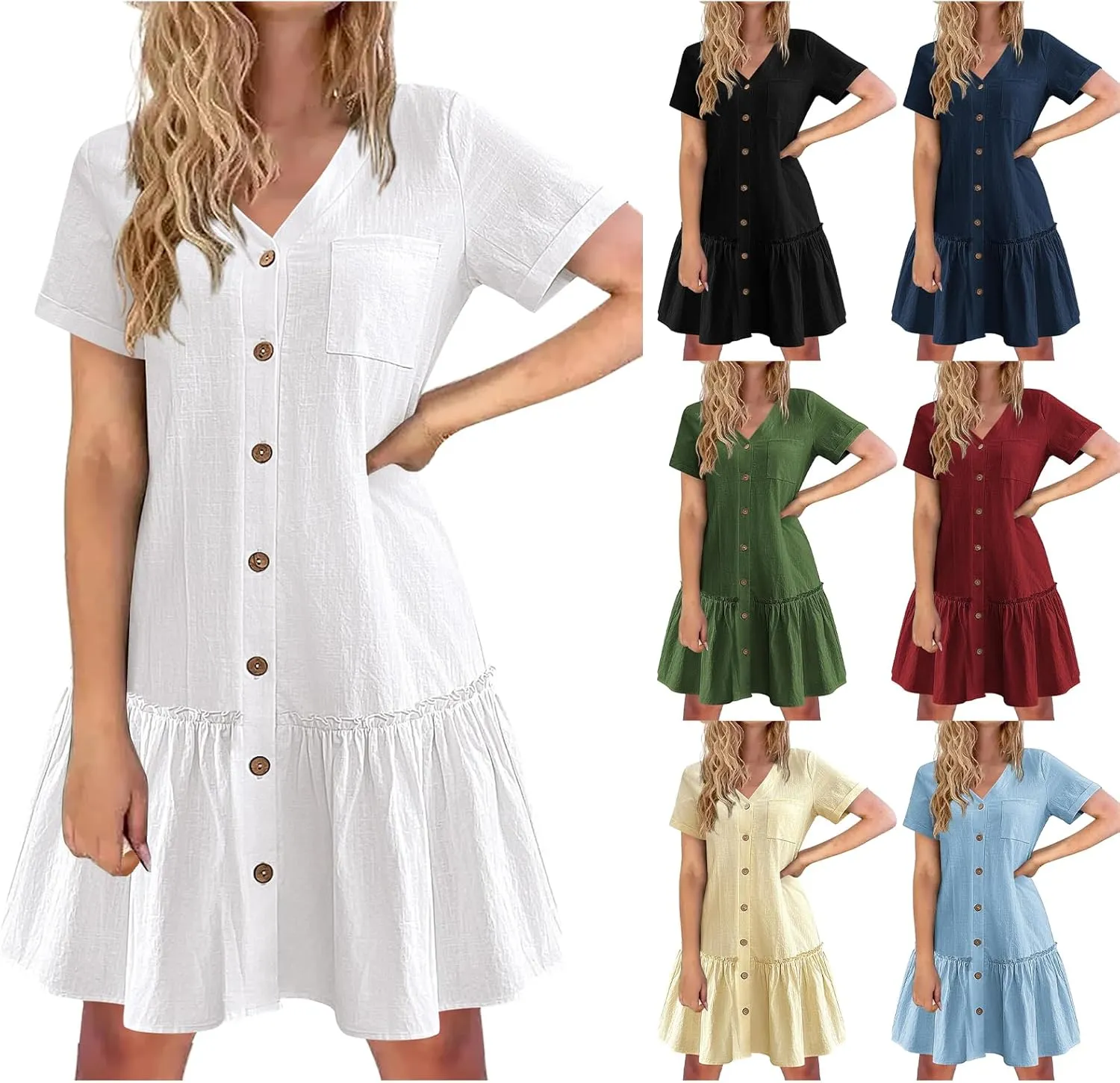 Womens Button Down Dress Short Sleeve Casual T Shirt Dreses Cotton Linen Ruffle Hem Casual Sundress