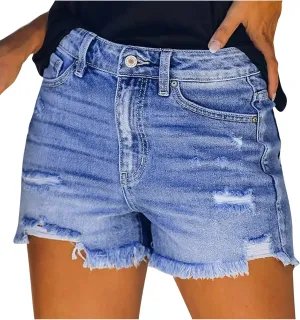 Womens Casual High Waisted Denim Shorts Frayed Raw Hem Ripped Jeans Shorts Cut Off Denim Hot Short Summer Jean Shorts