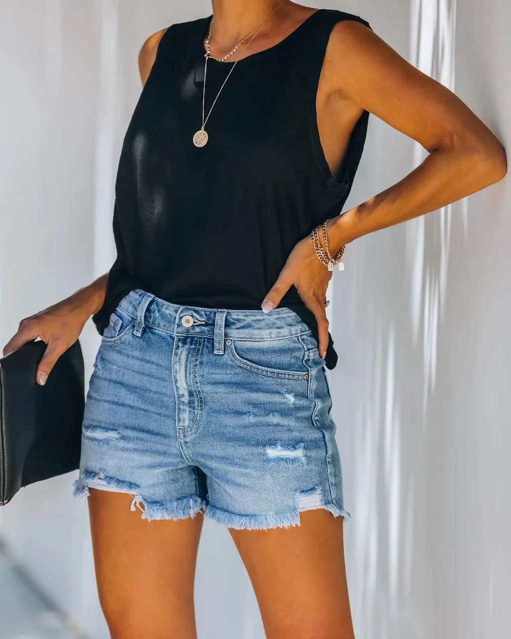 Womens Casual High Waisted Denim Shorts Frayed Raw Hem Ripped Jeans Shorts Cut Off Denim Hot Short Summer Jean Shorts