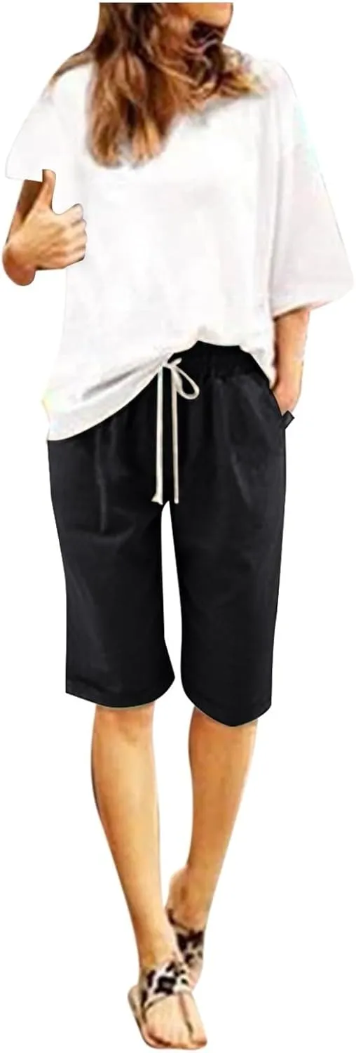 Women's Casual Shorts Cotton Elastic Waist Knee Length Bermuda Shorts Loose Fit Summer Drawstring Beach Shorts, Large
