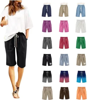 Women's Casual Shorts Cotton Elastic Waist Knee Length Bermuda Shorts Loose Fit Summer Drawstring Beach Shorts, Large