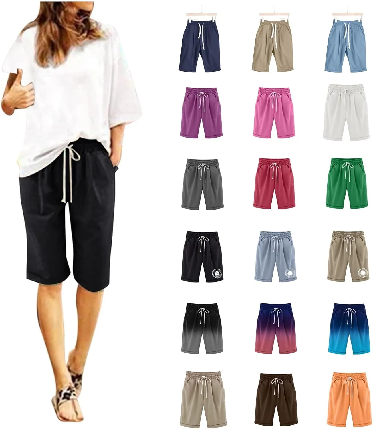 Women's Casual Shorts Cotton Elastic Waist Knee Length Bermuda Shorts Loose Fit Summer Drawstring Beach Shorts, Large