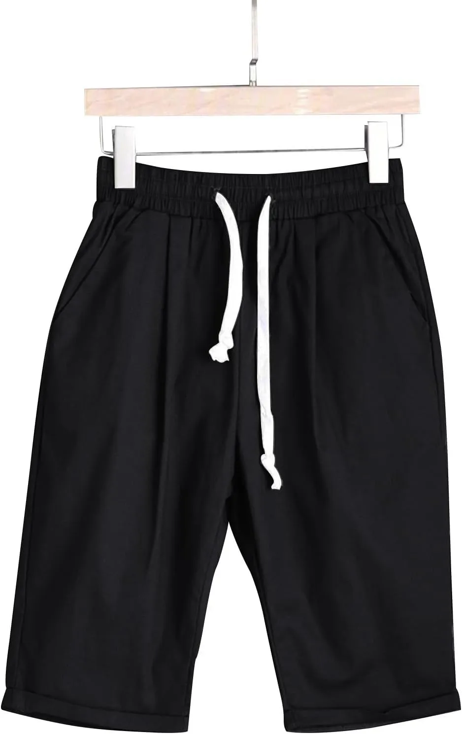 Women's Casual Shorts Cotton Elastic Waist Knee Length Bermuda Shorts Loose Fit Summer Drawstring Beach Shorts, Large